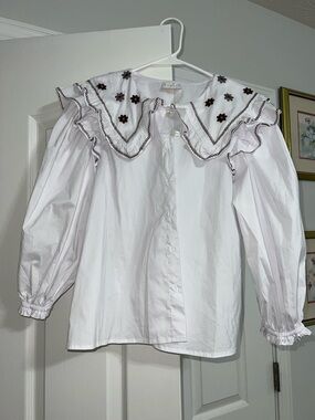 Karlie White Embroidered Bib Collar Blouse with Brown Trim